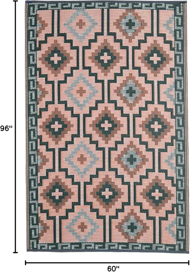 Fab Habitat Outdoor Rug - Waterproof, Fade Resistant, Crease-Free, Reversible - Premium Recycled Plastic - Vintage Boho Kilim - Patio, Porch, Deck, Balcony - Lhasa - Green - 5 x 8 ft
