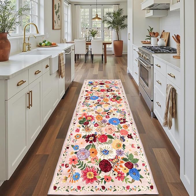 Pink/Beige Rug for Hallways Kitchen Rug 2x8, Non Slip Washable Rugs with Rubber Backing Soft Floral Carpet Runner for Hallways, Kitchen, Laundry, Bedroom, Bathroom (2 x 8, Beige/Pink Garden)