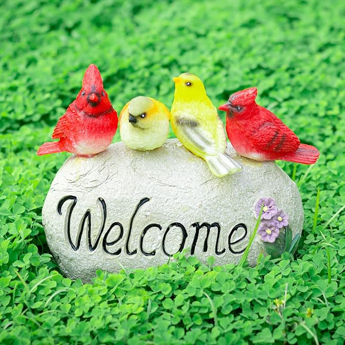 Solar Garden Statues Outdoor Decor, Welcome Sign Garden Sculptures Statue Novelty Birds Figurine Decoration for Patio Yard Porch Art Home Decor