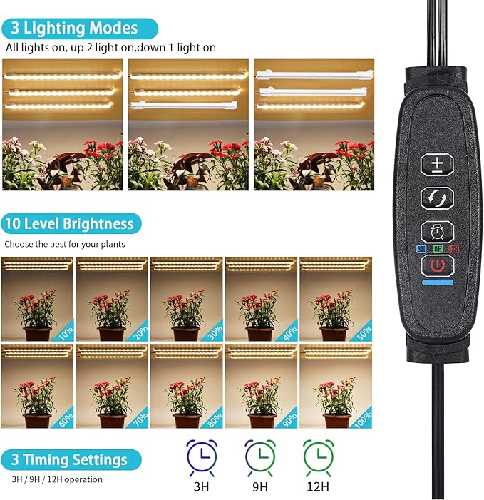 LED Grow Light Strips, Grow Lamps for Indoor Plants Full Spectrum 3000K, 72 LEDs Plant Light with 3/9/12H Timer, 10 Dimmable Levels for Seedling Succulent, 3 Head 7.8 Inches