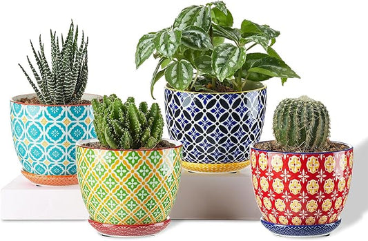 Succulent Ceramic Pots, 3.8 Inch Small Plant Pots with Drainage Hole & Saucer, Flower Planter Pot for Houseplants, Cacti, Home Decor, Set of 4, Vibrant Colors