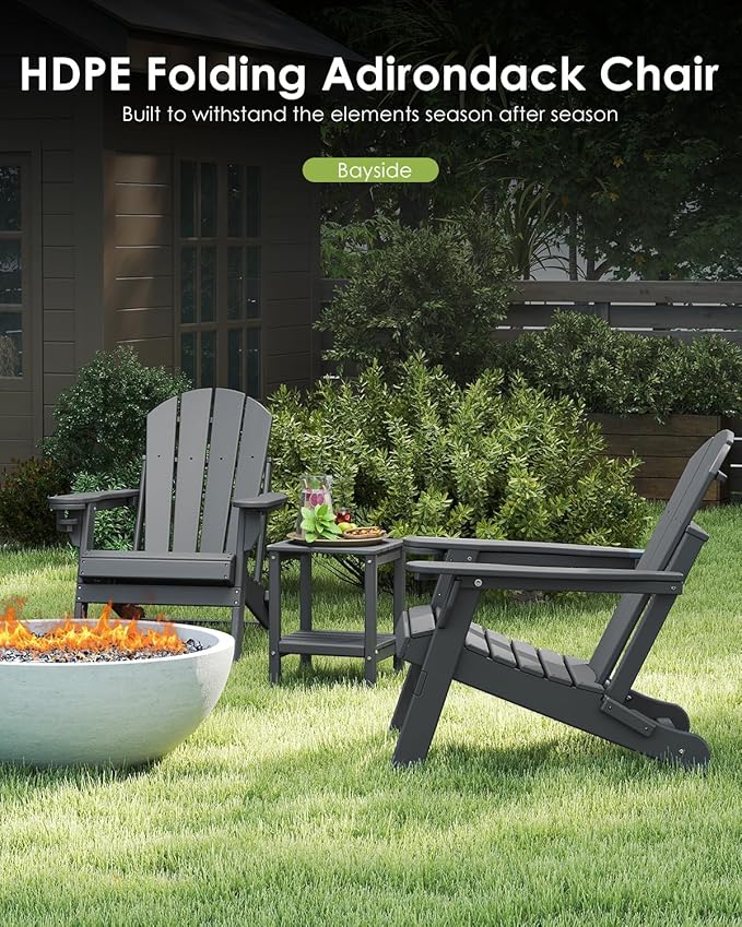 GREENVINES Folding-Adirondack-Chairs-Set-of-2 | HDPE Plastic | Fire Pit Chair | All Weather | Cup Holder | Grey | for Deck Backyard Patio Outdoor Garden