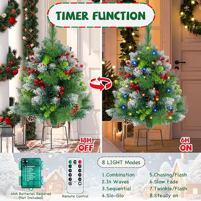 2 Pack Christmas Decorations Outdoor - 30" Pre-Lit Outdoor Christmas Tree with Lights, Prelit Planter Bushes with Remote, Christmas Planter Urn Filler for Front Porch Pathway Yard Garden Holiday Decor