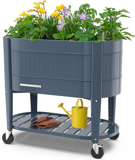 Permasteel Raised Garden Bed with Legs, Planter Box with EnGrow™ TrueSoil™ Technology for Vegetables, Flowers, Herbs, and Fruit, Outdoor Indoor, Storage Shelf, Caster Wheels, Blue
