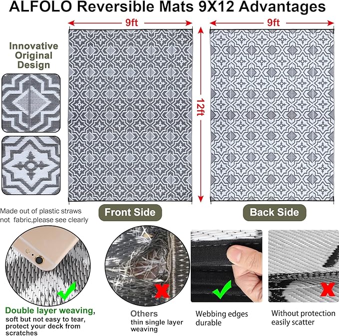 Outdoor Rug Waterproof 9x12 Camping Rug Outdoor Carpet for Patio,Outdside Rug,Plastic Straw Mat, Rv Camping Essentials,Outdoor Mat Decor Deals for Patio,Camping,Deck,Balcony,Porch