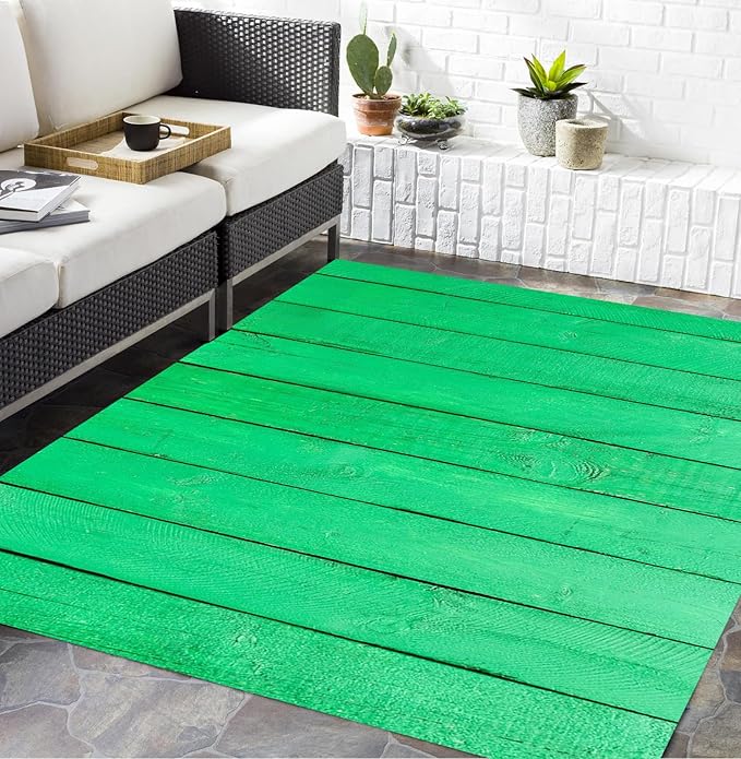 Vibrant Green Wooden Striped Outdoor Area Rug 3x5 Natural Rustic Wood Print Waterproof Outdoor Rug for Balcony Backyard Patio Deck Porch Washable Foldable Outdoor Carpet Camping Rv Picnic Mat