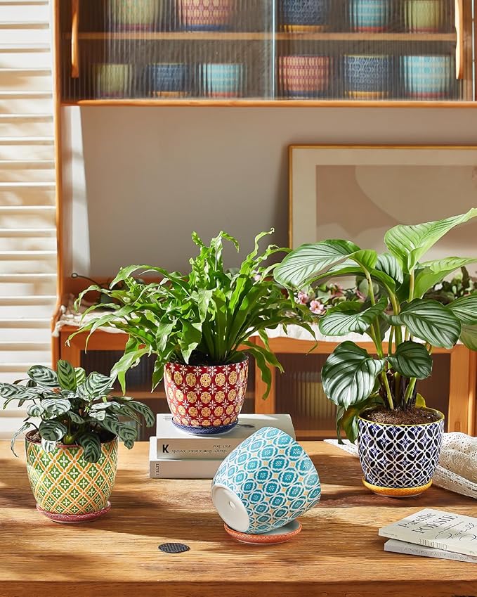 Ceramic Plant Pots, 5.8 Inch Flower Pots for Indoor Plants, Colorful Planters with Drainage Hole & Saucer, Garden Planters for Succulent, Orchid, Cactus, Home Decor, Set of 4