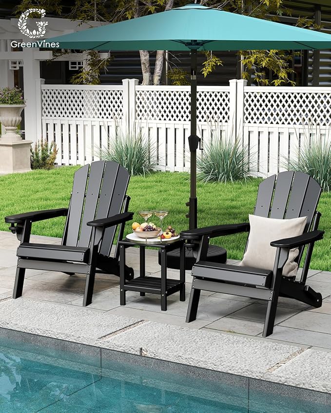 GREENVINES Folding-Adirondack-Chairs-Set-of-6 | HDPE Plastic | Fire Pit Chair | All Weather | Cup Holder | Black | for Deck Backyard Patio Outdoor Garden