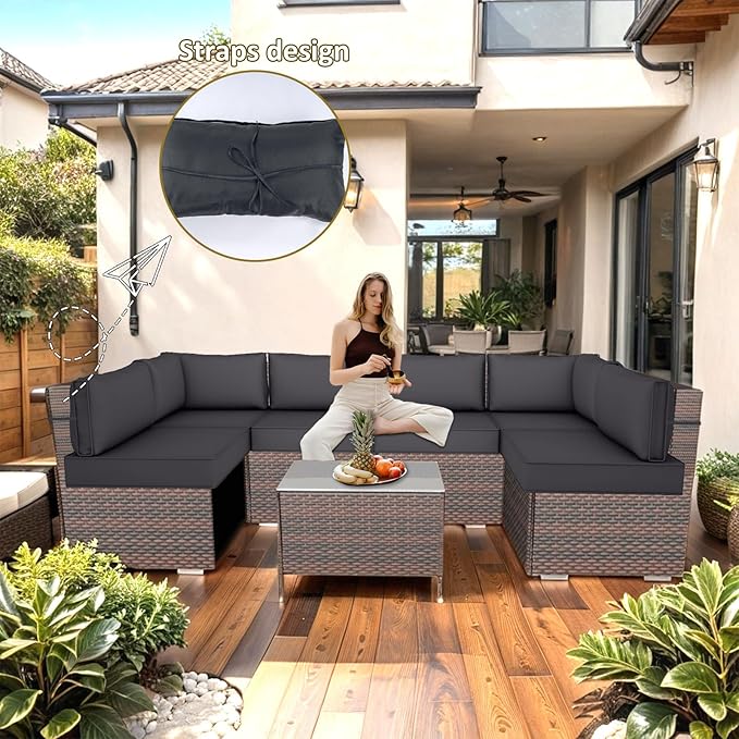 Outdoor Replacement Cushions for Patio Furniture,14-Piece Patio Water-Resistant Replacement Sofa Cushions,Fits 6-seat Sectional Rattan Conversation Set,Liner&Cover (Dark Gray)