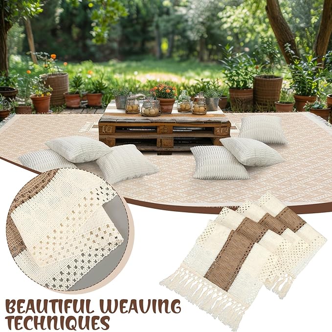 Extra Large Outdoor Boho Picnic Blanket 118'' x 71'' Beige White Table Runner 6 Throw Pillow Cover Woven Cotton Yarn Oversize Beach Blanket Washable for Picnic Camp Wedding
