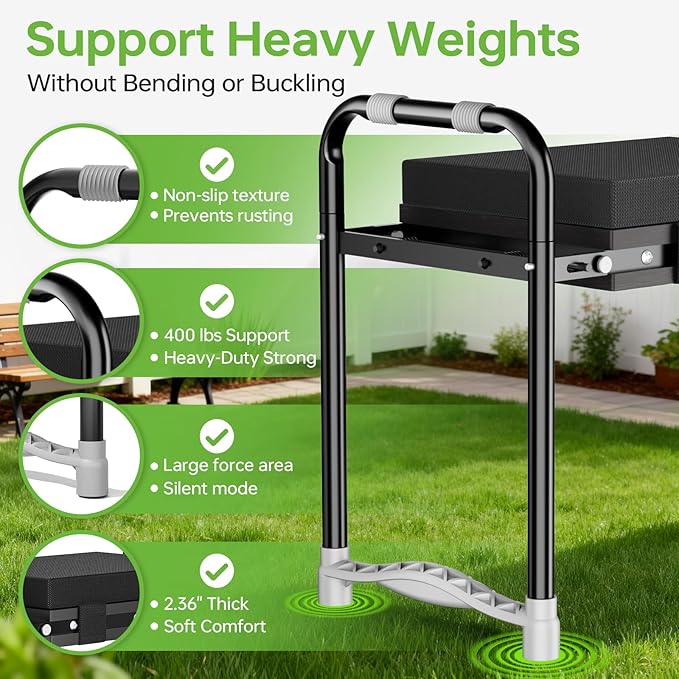 Garden Kneeler and Seat, Foldable Ergonomic Kneeling Bench with Tool Pouch 400 Lbs Heavy Duty 2-in-1 Comfortable Cushioned Kneeling Chair for Gardening Yard Work (Black)
