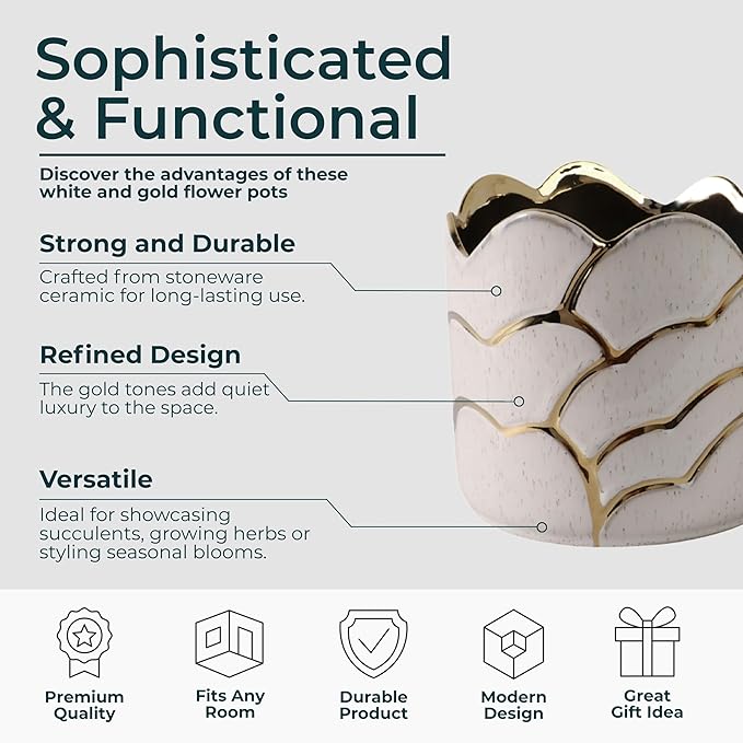 Modern Decorative Home Decor Planters for Flower Pots - Ideal for Indoor and Outdoor Plants for House Decor - Plant Pots for Garden Accent or Plant Stand Indoor - Set of 2, 7", 5", Ivory & Gold