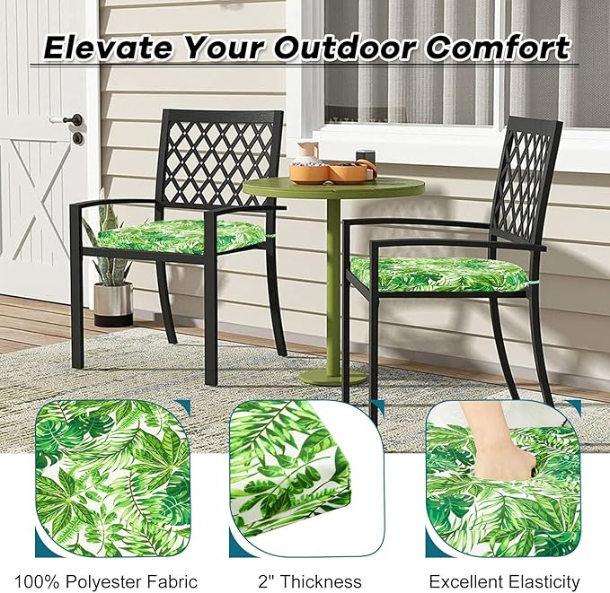 Basic Beyond Outdoor Chair Cushions Set of 4, Outdoor Cushions for Patio Furniture, Water Resistant Patio Chair Cushions with 2 Ties, 17x16x2, Green Leaves