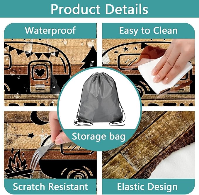3PCS Picnic Table Cover with Bench Cover Brown Wooden Camping Tablecloth Fitted Picnic Picnic Table Cover with Elastic Windproof Waterproof, Outdoor & Garden Camping Accessories 96IN
