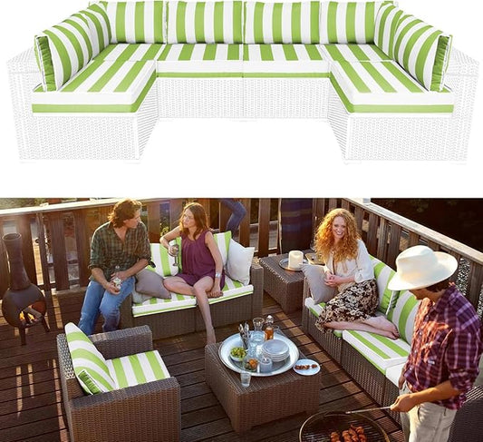 Outdoor Sectional Cushions Replacement Set, 26x26in Patio Furniture Cushions, 14 Pieces Waterproof Outdoor Couch Cushion for 6 Seat Wicker Conversation (Grass Green with White Stripes)