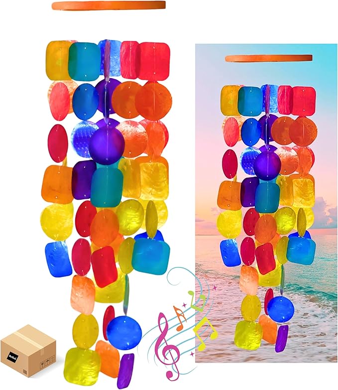 Bellaa Handmade Wind Chimes Outdoor, Musical, Garden Decorations, Outside Windchimes, Beach, Ocean, Breeze, Gifts for Mom, Capiz Sea Glass Shells Wood Rainbow