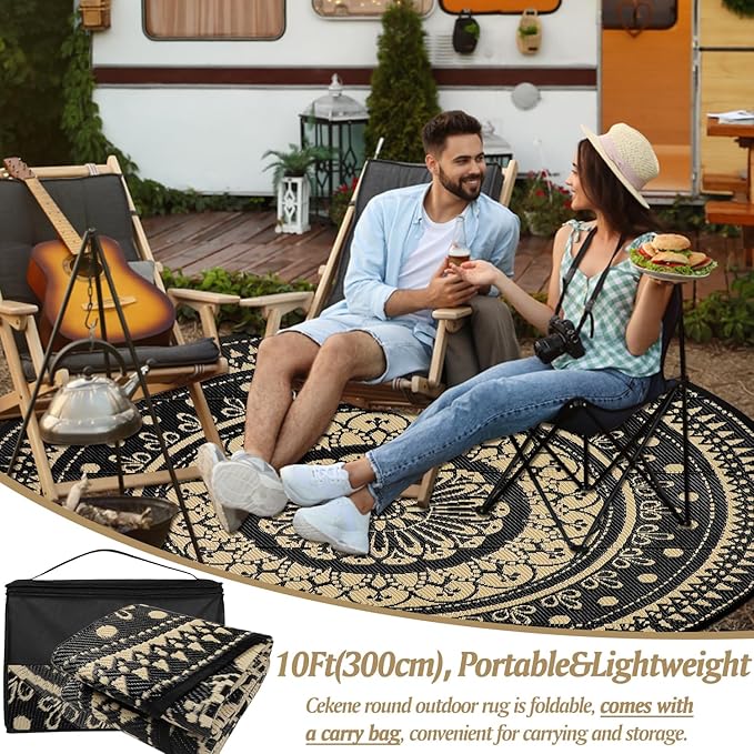 Cekene Round Outdoor Patio Rugs 10Ft Waterproof Reversible Outdoor Rugs with Carry Bags Lightweight Plastic Straw Rugs Portable RV Camping Mat Blue Floor Carpet for Deck Porch Picnic BBQ
