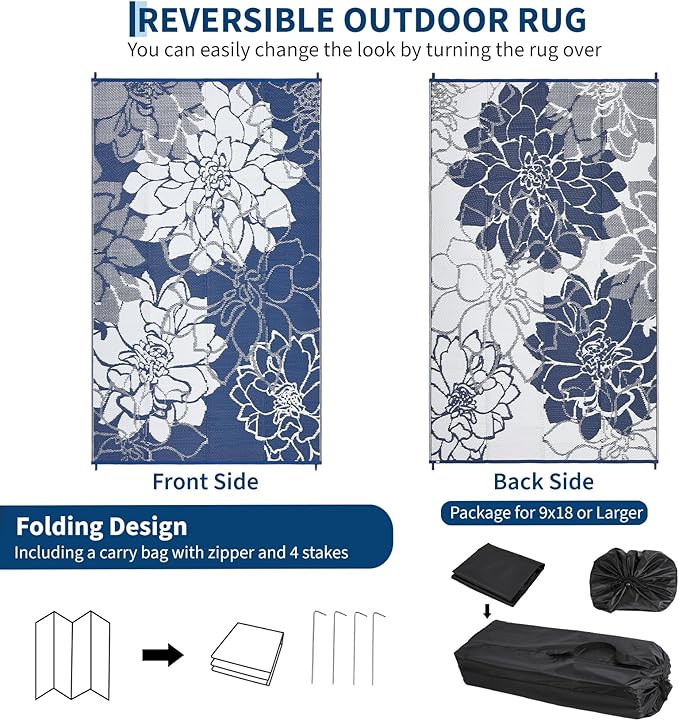COZYLOOM Large Outdoor Rugs 9x18 Waterproof Plastic Straw Rug for Patio, Reversible Modern Flower Camping Rug with Portable Bag & Stakes, Foldable & UV Resistant, Outdoor Carpet for Yard Deck, Navy