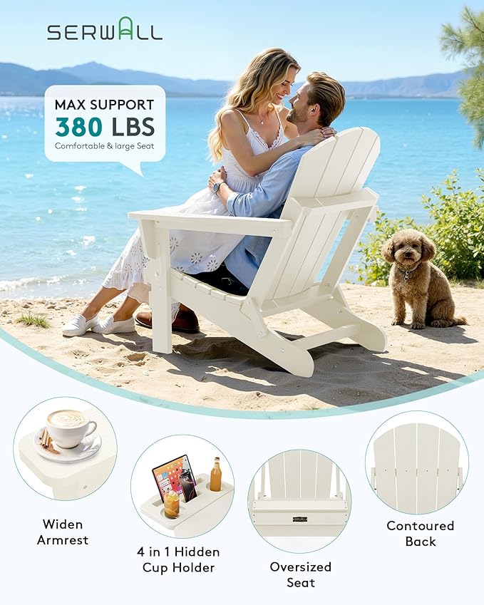 SERWALL Folding Adirondack Chair, Outdoor Adirondack Chairs with Multi-Functional Cup Holder, Wood-Like Patio Chairs, Lawn Chairs, All Weather Plastic Fire Pit Chair for Garden, Backyard, Deck - White