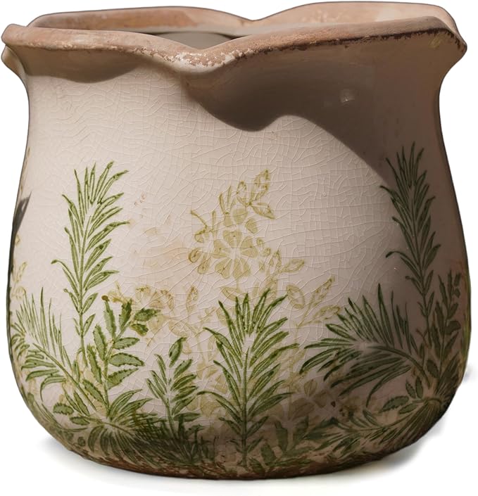 Rustic Ceramic Planter, 6 Inch Tuscan Vintage Flower Pot with Drainage, Farmhouse Garden Pot for Indoor Plants, Kitchen & Garden Tuscan Decor, Plant Lover Gift (Grass Green)