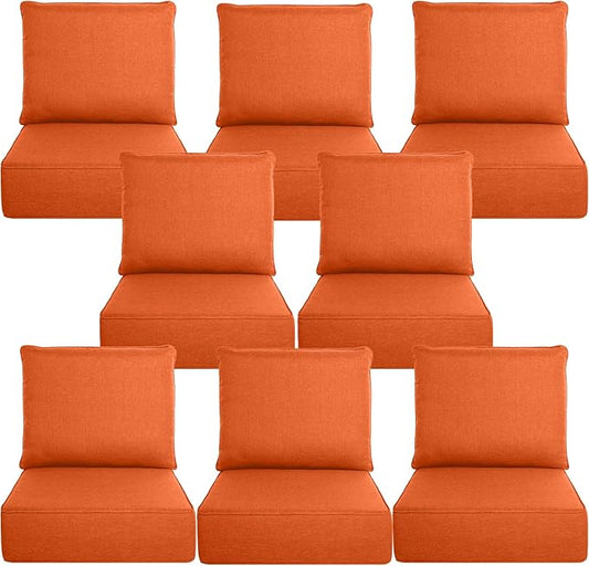 Belord Luxury 6" Thick Outdoor Cushion 8 Set - 24 x24 Inch 28D Sponge Filling Fade-Resistant Chair Cushion, Spill Proof Removable Patio Furniture Replacement Cushion for Sofa Bench Swing - Orange