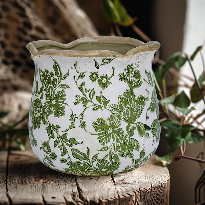 Rustic Ceramic Planter, 6 Inch Tuscan Vintage Flower Pot with Drainage, Farmhouse Garden Pot for Indoor Plants, Kitchen & Garden Tuscan Decor, Plant Lover Gift (Green)