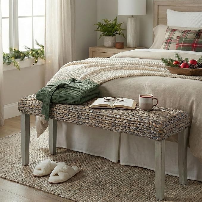 Farmhouse Indoor Solid Wood Acacia Benc with Natural Woven Benches Seat, Boho Bench Entryway, Wooden Bench for Bedroom End of Bed or Living Room or Vintage Entryway Bench Seat (Grey, Water Hyacinth)