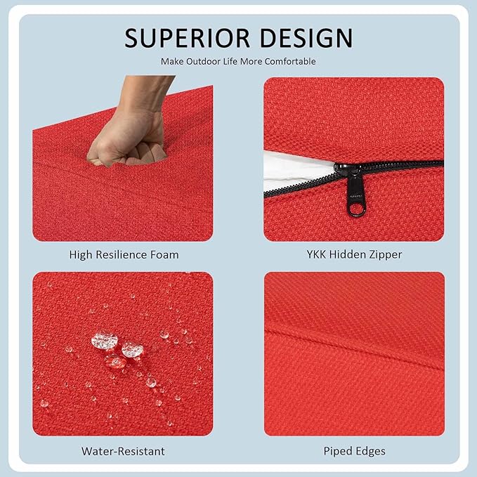 24x24 Inch Outdoor Deep Seat Cushions Set of 2,Thick High-Density Foam, Water-Resistant, Piped Edges & YKK Hidden Zipper for Patio Furniture,Red