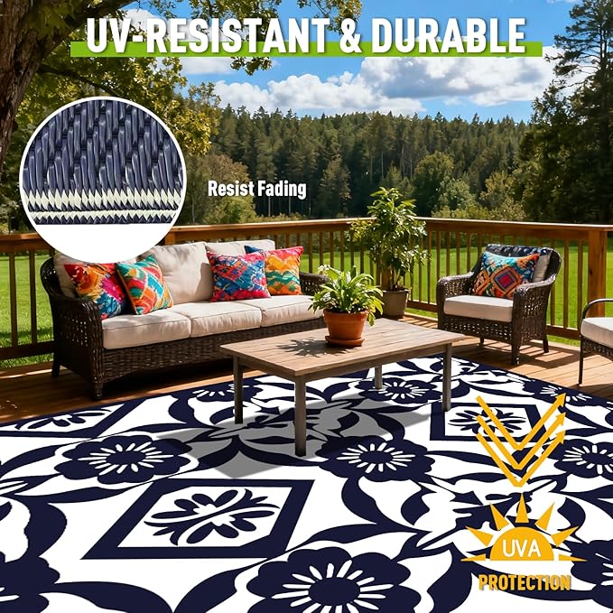 WILDROOTS 8x10 Feet Klein Plastic Outdoor Rug, Stain Resistant Waterproof Reversible Outdoor Patio Rug, Fade Resistant Camping Rug