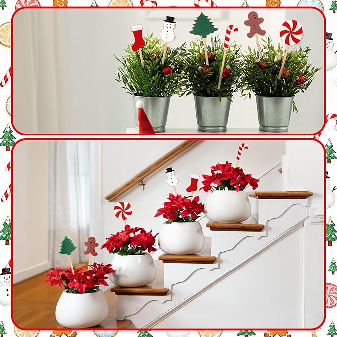 6 Pcs Wooden Christmas Garden Stakes Yard Decoration Front Yard Art Stick Flower Sticks Holiday Supplies for Christmas Indoor and Outdoor Lawn Path Terrace Flower Pots Theme Event Party