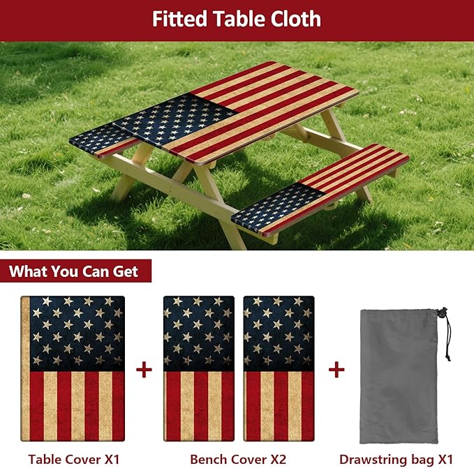 KENOBEE Picnic Table Cover with Bench Covers 6FT 3PCS, Camping Essentials Waterproof Windproof Tablecloth with Drawstring Bag, Fitted Rectangle Tables and Seats, 72", US Flag