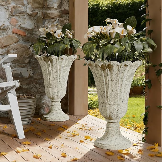 Heavy-Duty 23.6" Tall Urns Planters for Outdoor Plants - Set of 2 Water Storage Base Large Outdoor Planter for Porch, Sandblasting Process Indoor Flower Pots for Home Decor/Garden Vase, Beige