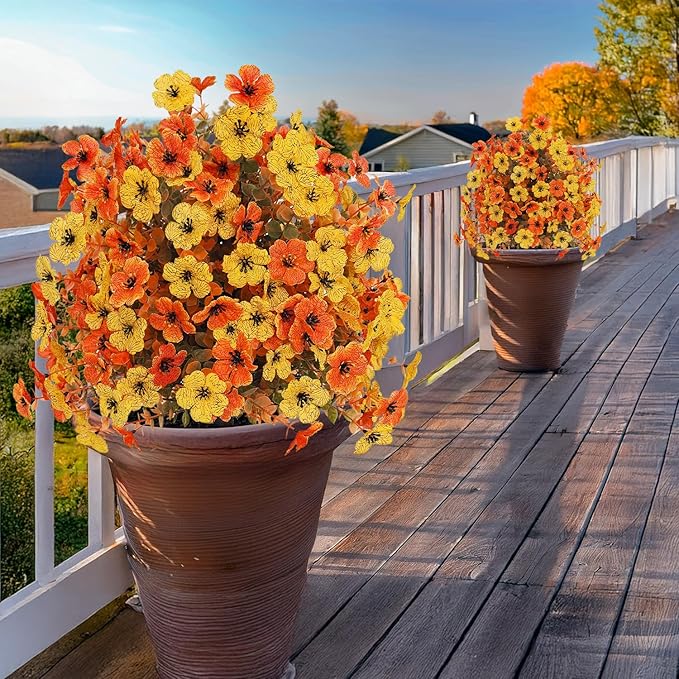 Outdoor Fall Artificial Flowers - 2 Pack Topiary Flower Balls with Ground Stakes, UV Resistant Orange and Yellow Fake Flower Bushes for Porch, Garden and Thanksgiving Decoration