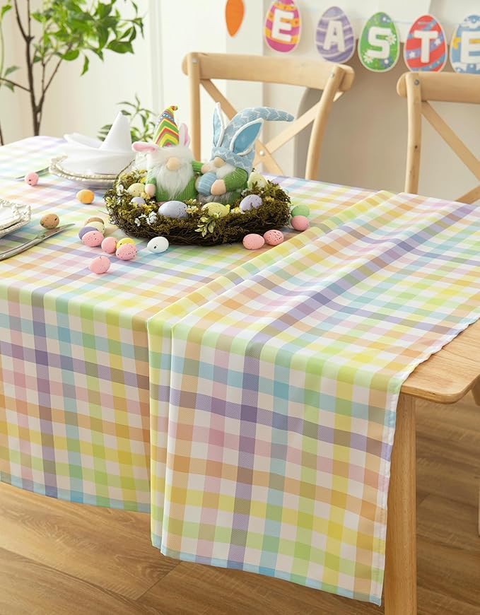 Waterproof Checkered Tablecloth Fabric - Colorful Rectangle 58x84 Inch Easter Table Cloth for Indoor/Outdoor Use - Table Cover for Kitchen, BBQs, and Parties