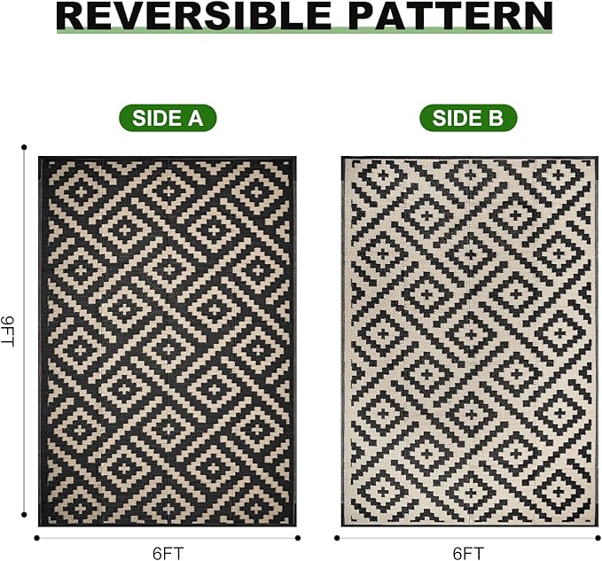RURALITY Outdoor Rugs 6x9 Feet for Patios Clearance,Plastic Straw Waterproof Mats for Backyard,Porch,Deck,Balcony,Black&Beige