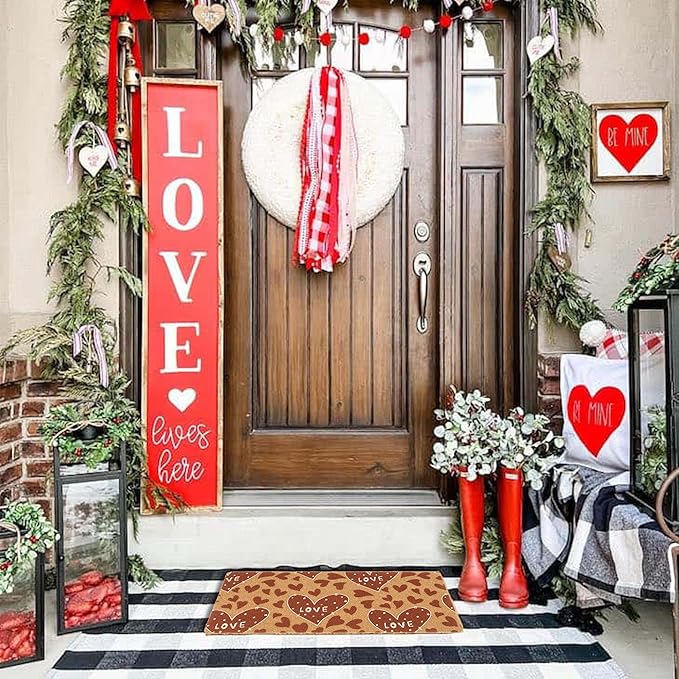 Valentines Welcome Mats for Front Door, Indoor, Outdoor Entrance, Red Love Decor Seasonal Anniversary Wedding Faux-Coir Porch Thin Doormat, Non-Slip Heart-Rug 17"x30" Low-Profile Dirt-Trapping Mat
