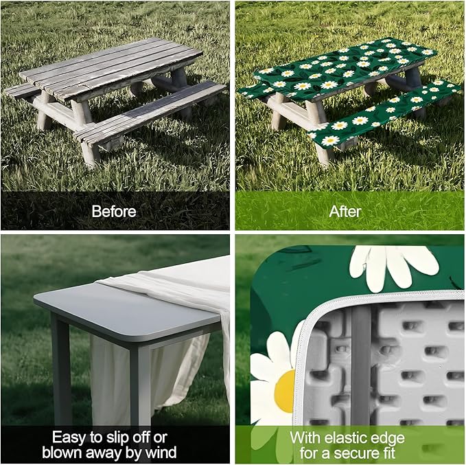 Fresh Floral Picnic Table Cover with Bench Covers Set of 3 - Green Background with White Ditsy Flowers, Elastic Fitted Tablecloth for 6 Ft Tables, Washable Polyester Cover for Garden, Indoor & Outdoor