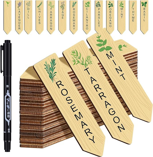 Teling 50 Pcs Wooden Plant Labels with Marker Pen DIY Garden Stakes Sign Sturdy Vegetable Plant Markers Wood Herb Garden Labels for Seed Potted Flowers Outdoor Indoor Kitchen Planter(Classic Style)