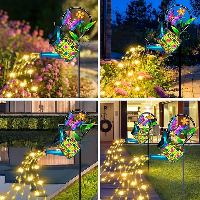 Christmas Gifts Solar Watering Can with Lights, Waterproof Solar Lantern with Butterfly Shepherd Hook, Hanging Garden Lights for Patio Yard Lawn Porch Outdoor Decoration, Unique Garden Gifts for Women