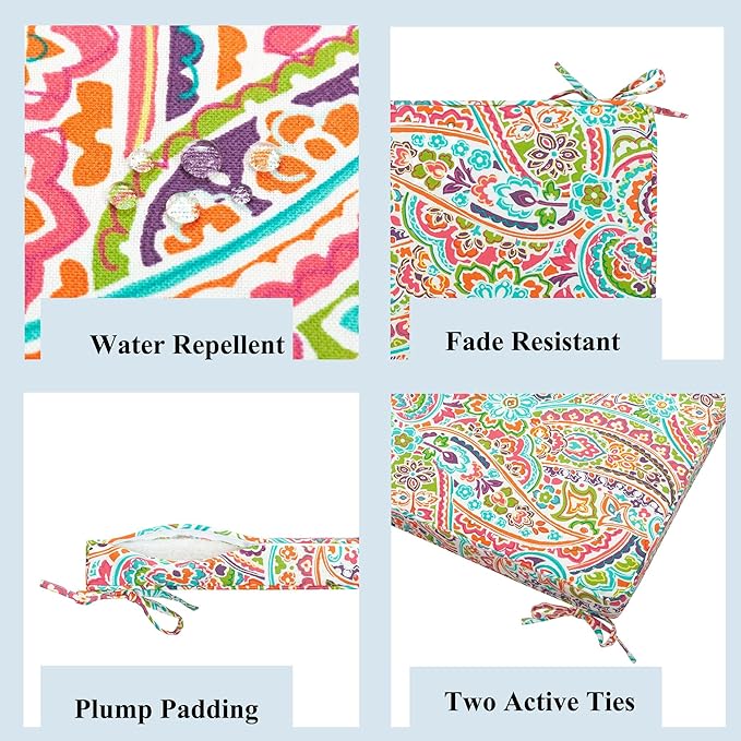 FUNHOME Water-Repellent Outdoor Wicker Chair Cushions for Patio Furniture, 18 x 18 x 2.5 Inch Outdoor Chair Pads with Ties, Square Corner Patio Chair Cushions 2 Packs, Colorful Paisley