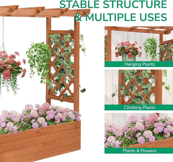 Outvita Raised Garden Bed with Trellis, Wood Planter Box with Hanging Roof, Side Trellis and Drainage Holes, Above Ground Elevated Garden Bed for Outdoor Climbing Plants Vines Vegetables (Teak Color)