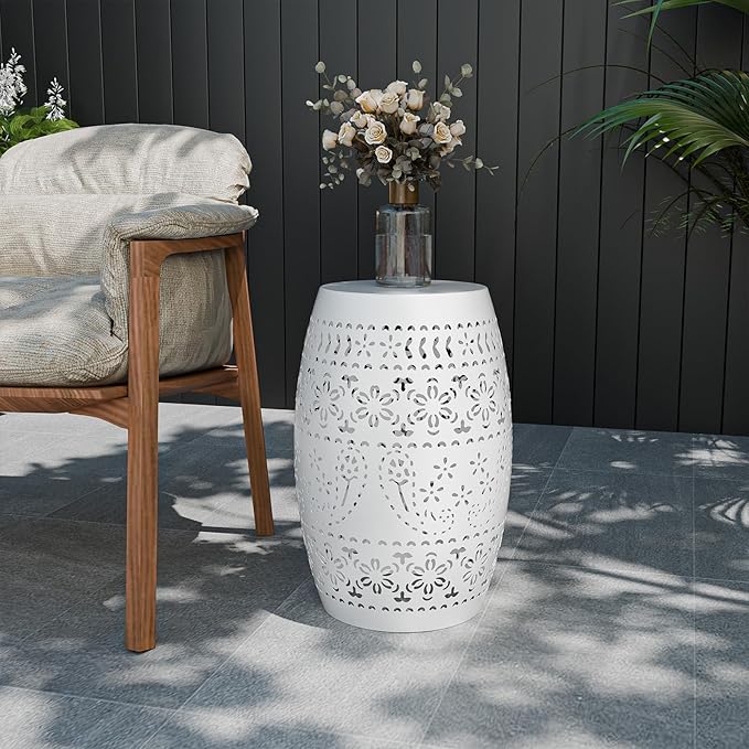 VINGLI Outdoor Iron Side Table, Patio End Table Anti-Rust Metal Round Drum Garden Stool Plant Stand Indoor Iron Accent Table for Patio Deck Porch Living Room (White)