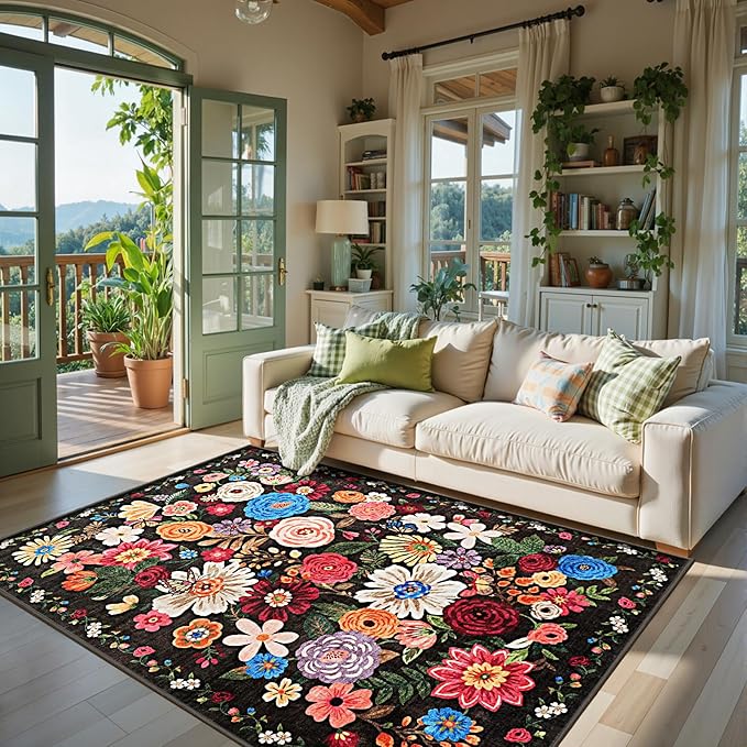 Area Rug 4x6 Black Rug, Washable Boho Rugs Non Slip Low Pile Floral Small Carpet for Bedroom, Bedside, Kids Room, Office, Dining Room(Black Garden, 4 x 6)