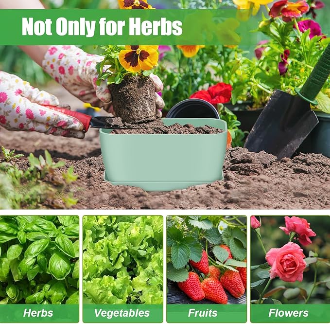Herb Garden Planter Set, Plastic Plant Pots with Drainage and Saucer, Indoor Succulent Cactus Vegetable Pot for Windowsill, Garden Balcony, Green, Set of 6