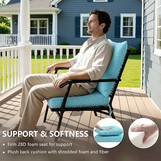 24x24 Inch Outdoor Chair Cushions Set of 4, Patio Furniture Cushions - Removable Cover, Water-Repellent, Fade-Resistant, Non-Slip Bottom & Straps, Replacement for Deep Seat Sofa & Couch - Light Blue
