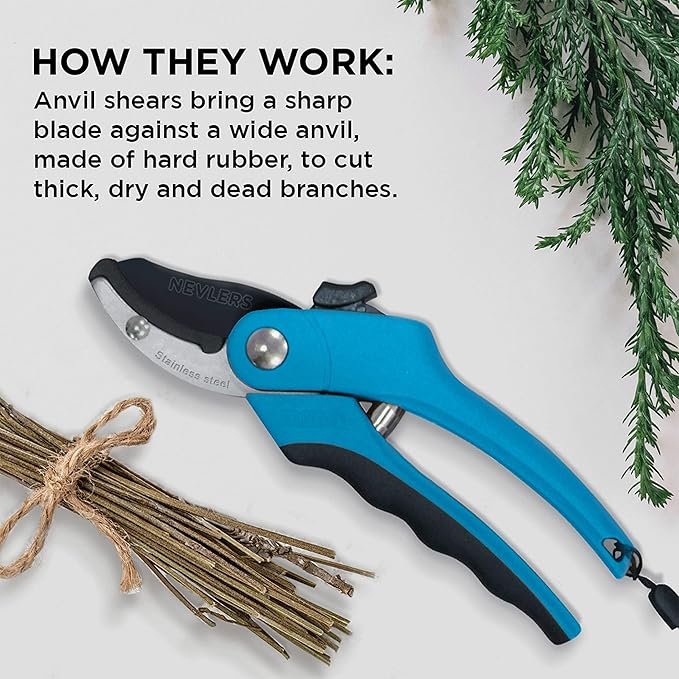 Nevlers 8" Blue Anvil Pruning Shears Heavy Duty | Hand Pruners for Gardening w/Steel Blades, Safety Lock & Ergonomic Handles | 8mm Cut Cap Plant Shears & Branch Cutter for Dead Stems & Small Branches