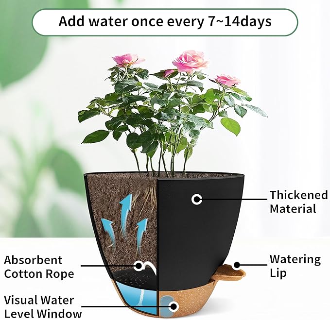 MNKXL 12"/10"/9"/8" Self Watering Pots with Visual Water Window,Extra Large Self Watering Plant Pots with Drainage Holes & Saucers,Black Planters for Indoor Plants,4-Pack