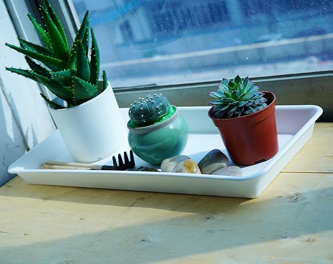 2 Pack of Plastic Plant Tray Saucer Rectangular 17 18 inch, Pot Trays Saucers for Indoors Outdoor, Plant Water Drip Tray for Flower, Windowsill Planter Trays (7.8 X 17.5'', Cream White)
