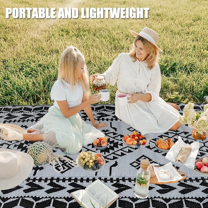 Pendolr Outdoor Rug 9’x12’ for Patios Clearance Waterproof Carpet Large RV Rugs Camping Rug Reversible Outside Rug for Patio Balcony Deck Backyard Picnic Beach Black&Gray 04#