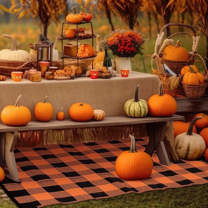 Tinideya 4' x 6' Thanksgiving Plastic Straw Outdoor Rug Waterproof Plaid Buffalo Front Doormat Porch Mat Patio Deck Mat for Outside Indoor Garden Lawn Balcony Holiday Decorations(Orange and Black)